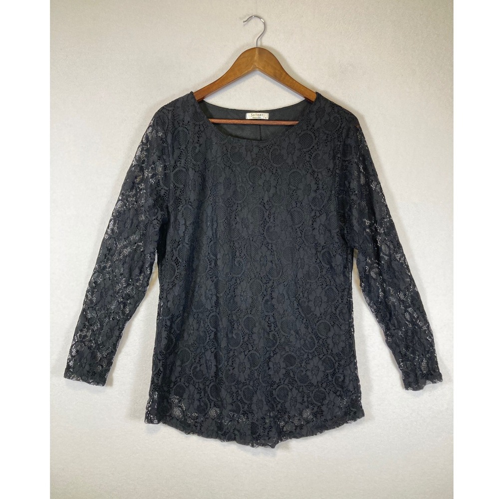 Romantic Gothic SoTeer XL Black Floral Lace Lined‎ Long Sleeve Scoop Neck Top